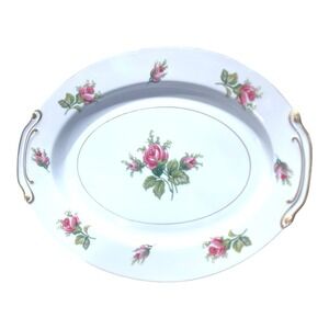 Vtg 50s Kyoto Japan Roseverte Oval Serving Platter 16" Pink Roses Gold Victorian